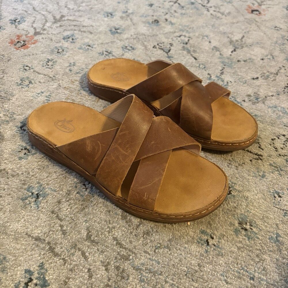 Chaco Wayfarer Women's Leather Brown Slide Sandals 8 Crisscross Strap Shoes